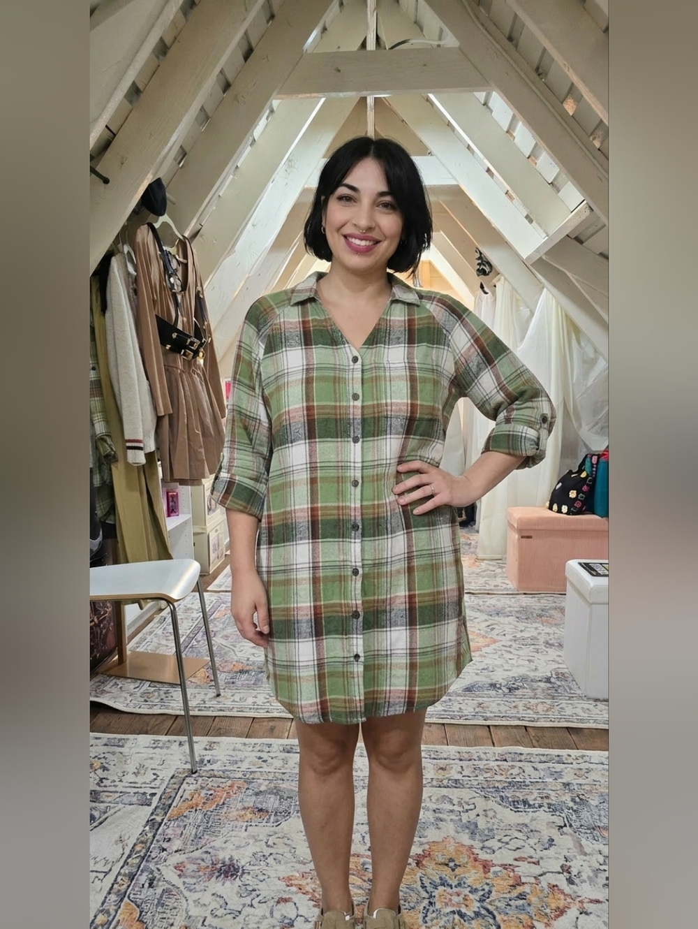 Olive Plaid Button-Front Cotton Blend Flannel Shirt Dress
